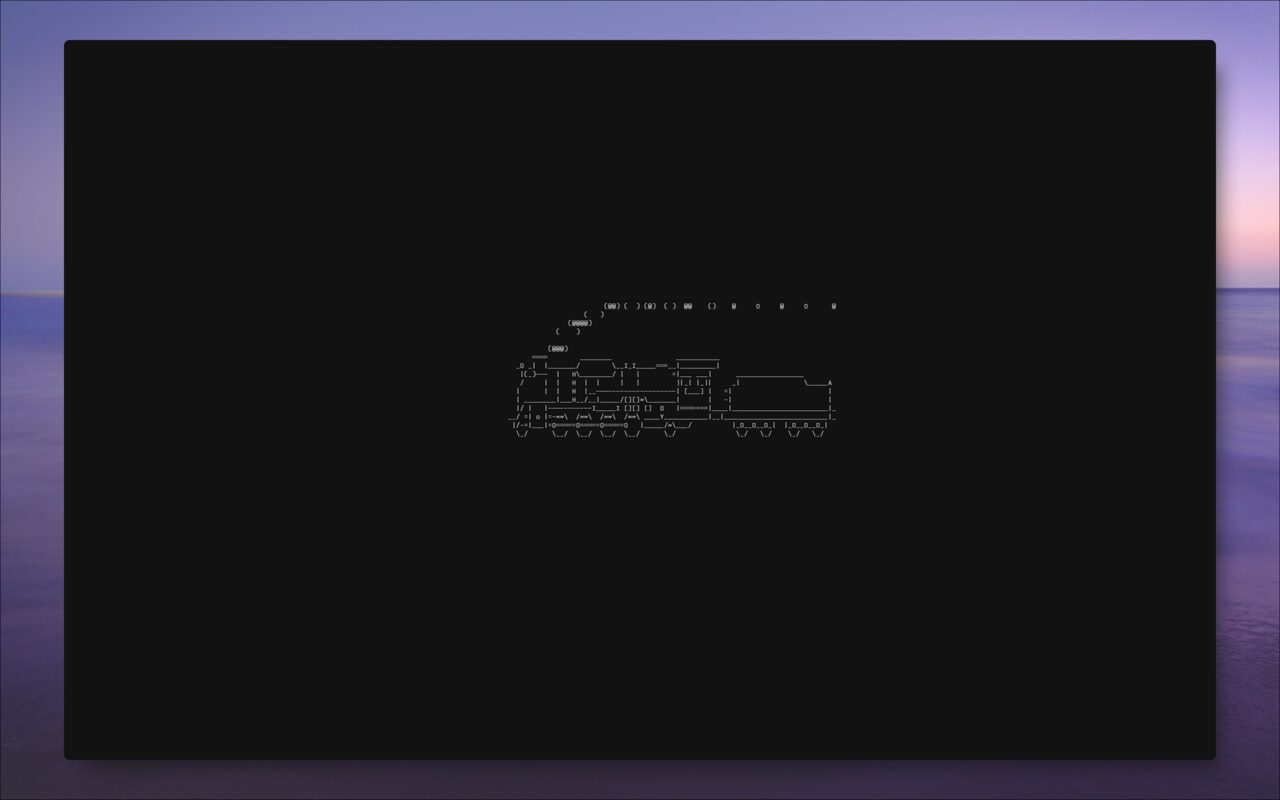 The desktop: a dark kitty terminal centred over a purple dusk seascape, showing an ASCII-art steam locomotive.